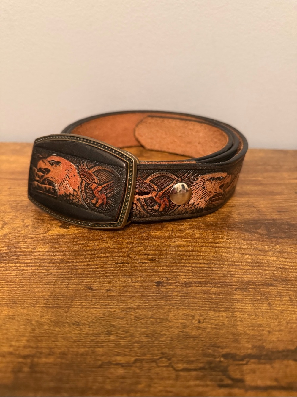 Eagle Belt Buckle Tooled Leather Western Biker Made In USA Vintage Alumaline